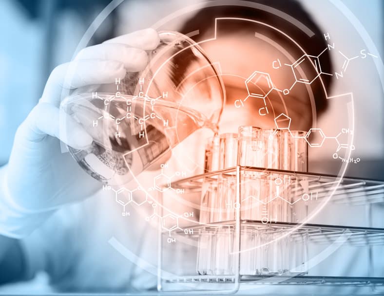 Glass laboratory chemical test tubes with liquid.Man wears prote