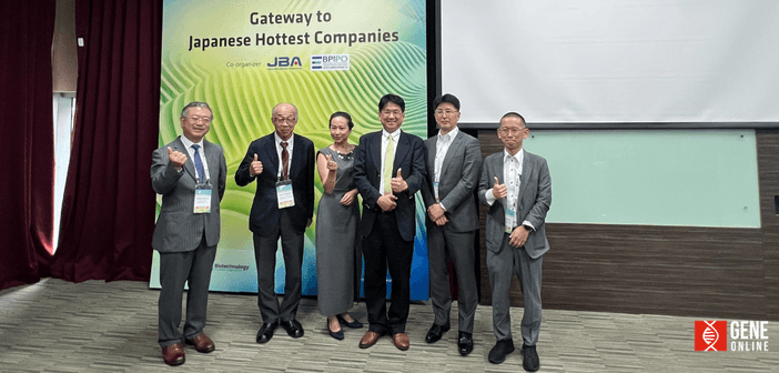 日本區域合作論壇（Gateway to Japanese Hottest Companies），講者與與會貴賓左起ReqMed 總裁暨執行長Tadashi Matsumoto、日本生物產業協會執行副總裁塚本芳昭、嘉惟思遠製藥有限公司（GEXVal）董事長暨總經理加藤珠蘭（Juran Kato）、經濟部生技醫藥產業發展推動小組主任黃千岳、第一三共株式會社副總監Masatoshi Nagamochi 與樂敦製藥株式會社再生醫學研究與規劃部經理 Hidenori Nonaka。（攝：基因線上）
