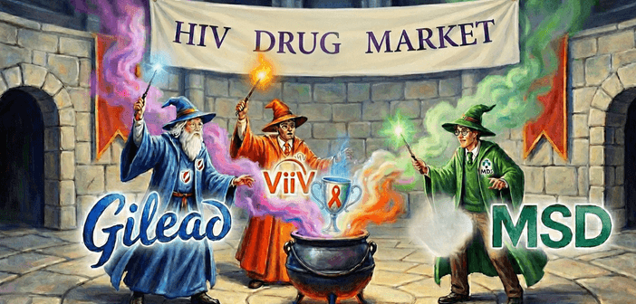 HIV 市場上由吉立亞醫藥 （Gilead Sciences）、ViiV Healthcare （由葛蘭素史克 GSK、輝瑞 Pfizer 與塩野義製藥 Shionogi 合資）以及默沙東（美加以外稱 MSD）這兩大一小雄踞。（來源：GenAI）